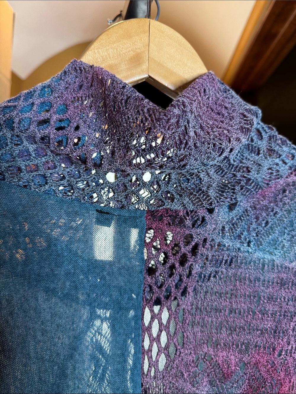 Dor Dor Couture Teal Purple Crochet Poncho Cowl Neck Boho Open Knit OSFM - Picture 10 of 12